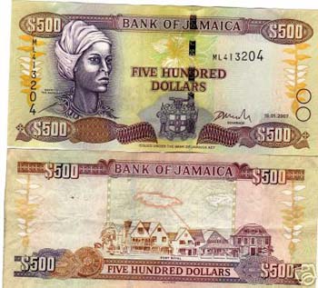 Jamaican 500 dollar bill